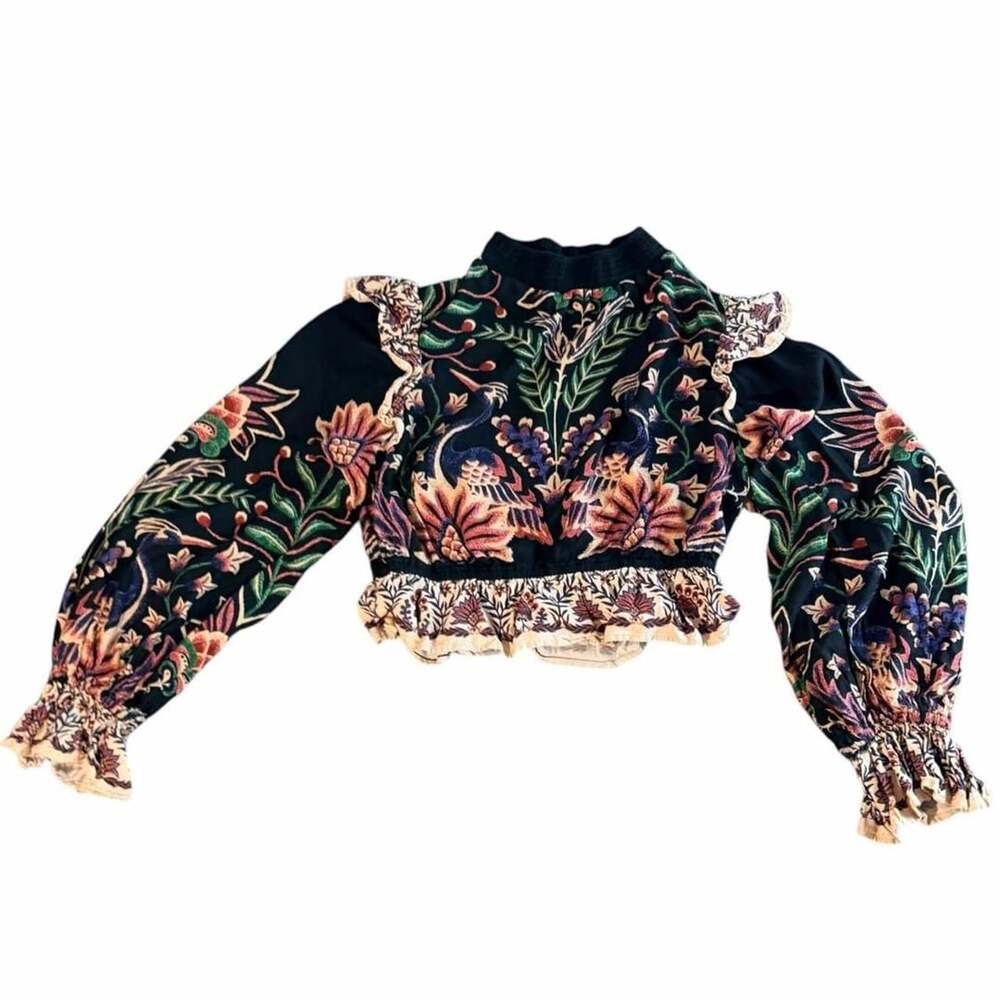 FARM Rio Peacock Floral Ruffle Crop Blouse - Picture 2 of 8